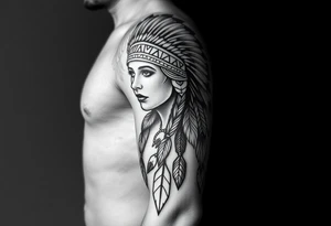 Native American girl with headdress the sun and arrowhead tattoo idea