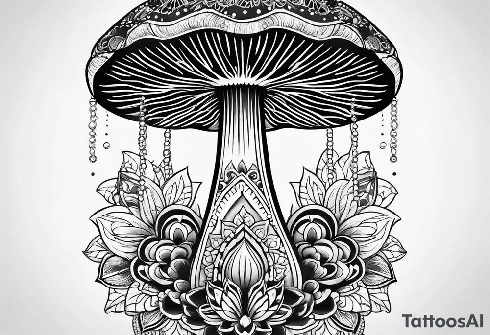 Black mushroom tattoo with henna style mandala design surrounding it tattoo idea