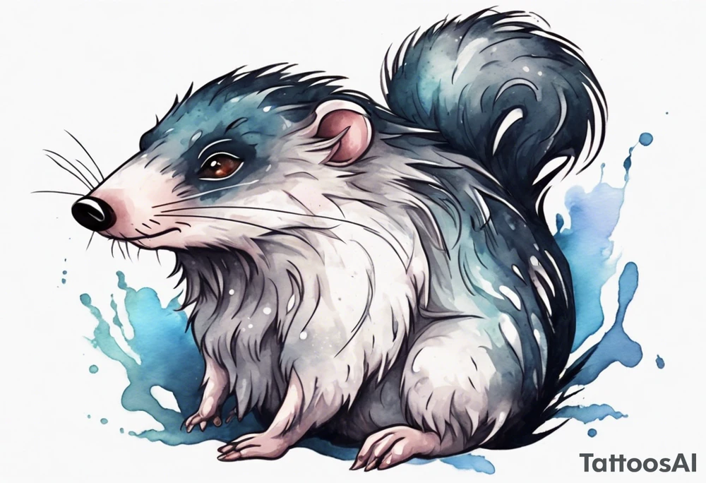 a giant mole with large dark eyes white glowing fur and messy of dark hair on its head tattoo idea