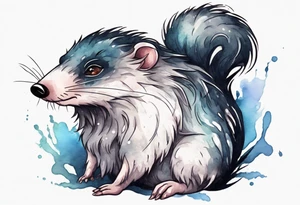 a giant mole with large dark eyes white glowing fur and messy of dark hair on its head tattoo idea