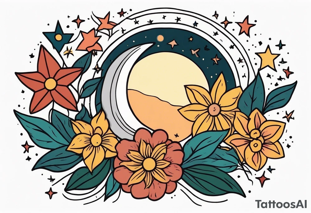 stars and moon

old school vintage simple traditional design with vintage flowers surrounding
bold color simple tattoo idea