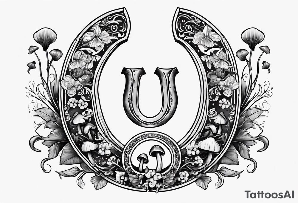 horseshoe, with mushrooms and magic vibes, with "lucky" written on the horseshoe tattoo idea