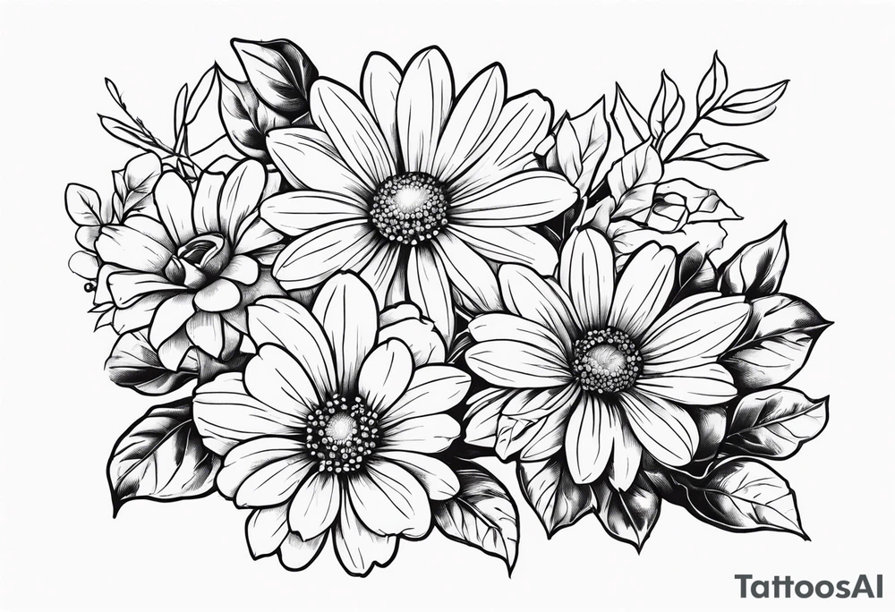 Daisy, rose, holly flower bouquet tattoo idea