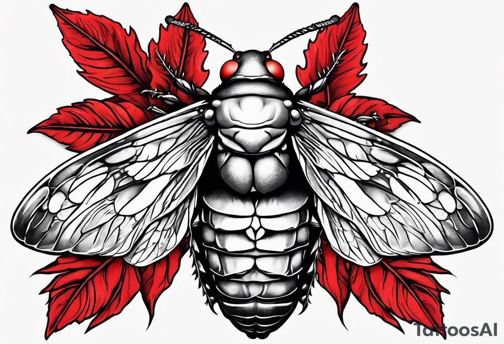 cicada on top of red leaves tattoo idea