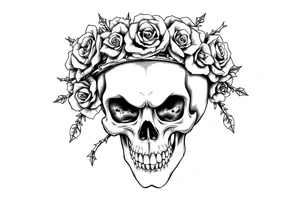 ornate skull adorned with crown of wild roses and thorns tattoo idea