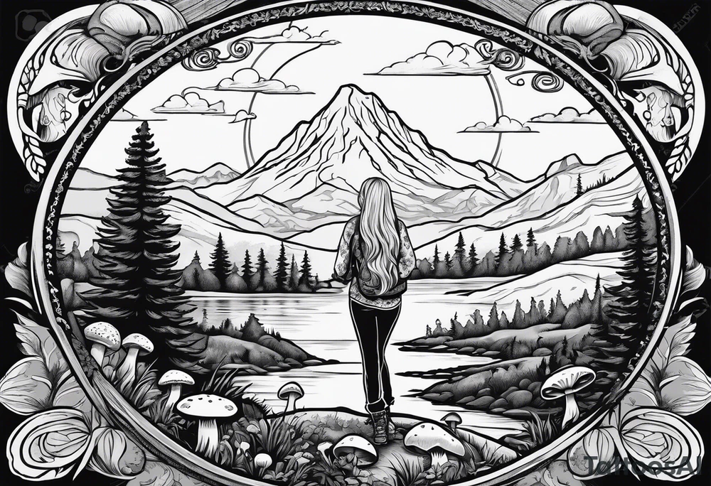 Whole picture encircled fully

Straight long blonde hair hippie girl in distance holding mushrooms in hand facing away toward mountains and creek surrounded by mushrooms long sleeve shirt and hiking pants; whole rendering within a full circle, no cut off circle tattoo idea