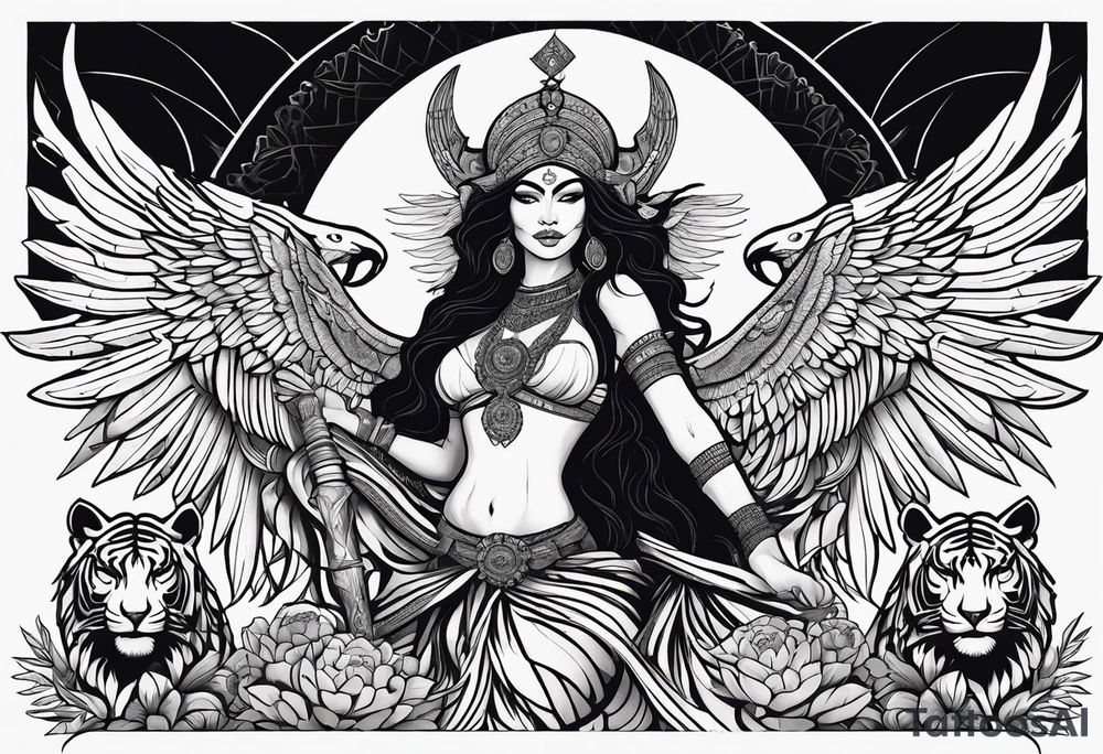 black kali, goddess pirate, alien, angel, pachamama, valkrye, warrior, flying, skull, lotus azul, wing, eagle, zenza resonance, stars, 5D, anahata chakra, death, durga, riding on a tiger, flying lady, kundalini, chest tatoo, rebel tattoo idea
