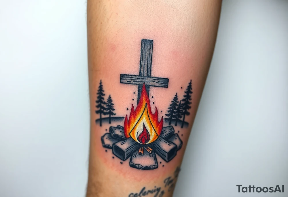 Campfire with cross include the great outdoors and night sky make sure cross doesn't look like it is on fire tattoo idea
