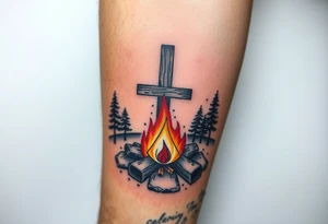 Campfire with cross include the great outdoors and night sky make sure cross doesn't look like it is on fire tattoo idea