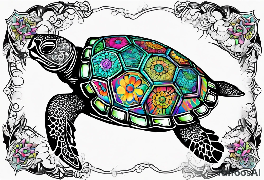 tropical psychedelic turtle's back, top down view, as seen from above tattoo idea