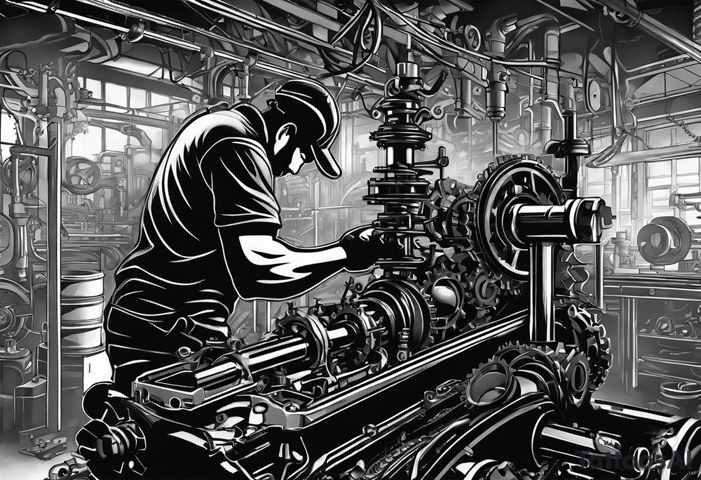 Create a silhouette of am industrial mechanic working on a machine, surrounded by mechanical elements like gears and tools. No grays , no shadows tattoo idea