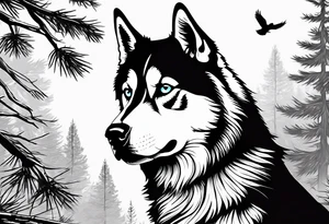 husky with compas and trees tattoo idea