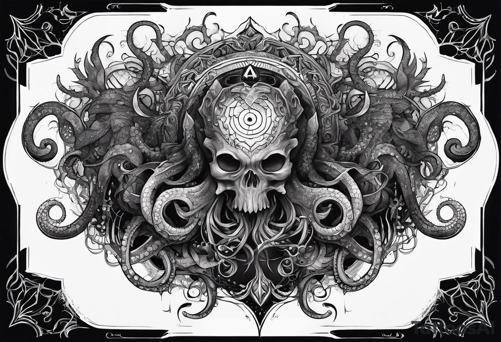 Long tattoo for forearm. Lovecraftian creature, with technological elements. Tentacles protect a heart. tattoo idea