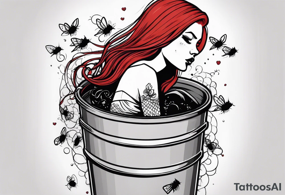 Dead girl with fishnet stockings and red hair with pig tails inside of a trash can with flies buzzing around tattoo idea