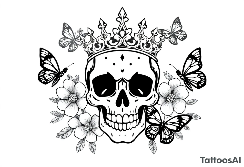 ornate skull adorned with gothic crown surrounded by boho flowers and butterflies tattoo idea