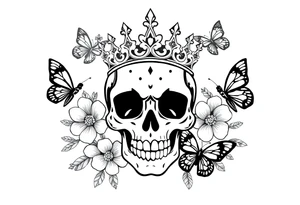 ornate skull adorned with gothic crown surrounded by boho flowers and butterflies tattoo idea