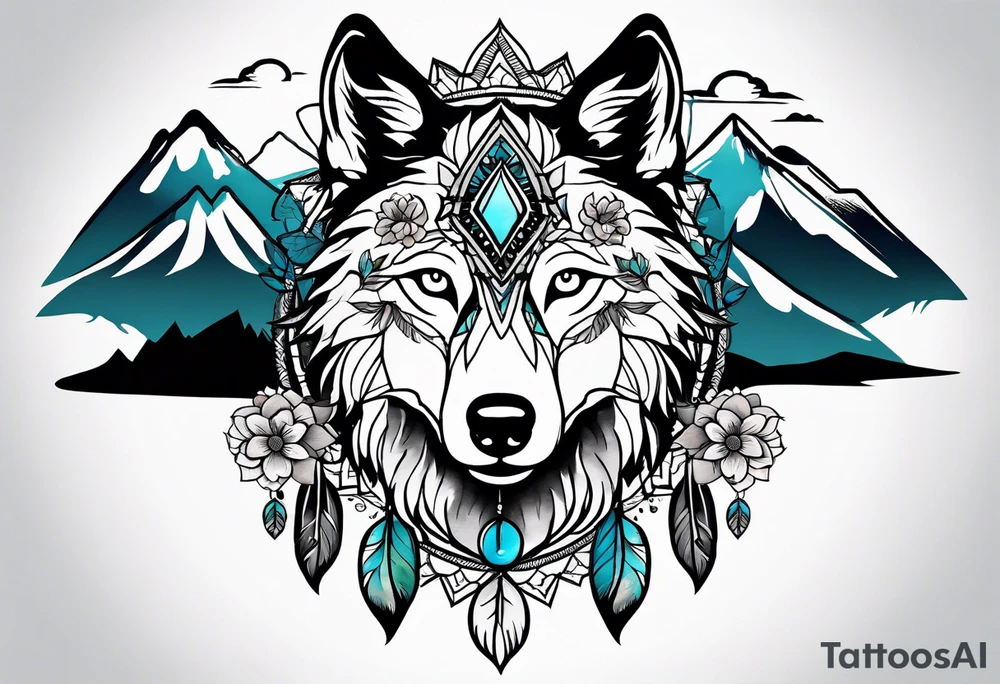 A whimsical wolf tattoo featuring mandala or dream catcher elements, with the wolf as the central focus, surrounded by mountains in the background. Include flowers and nature elements to fill the space around the wolf. Some color but not completely solid bold color tattoo idea