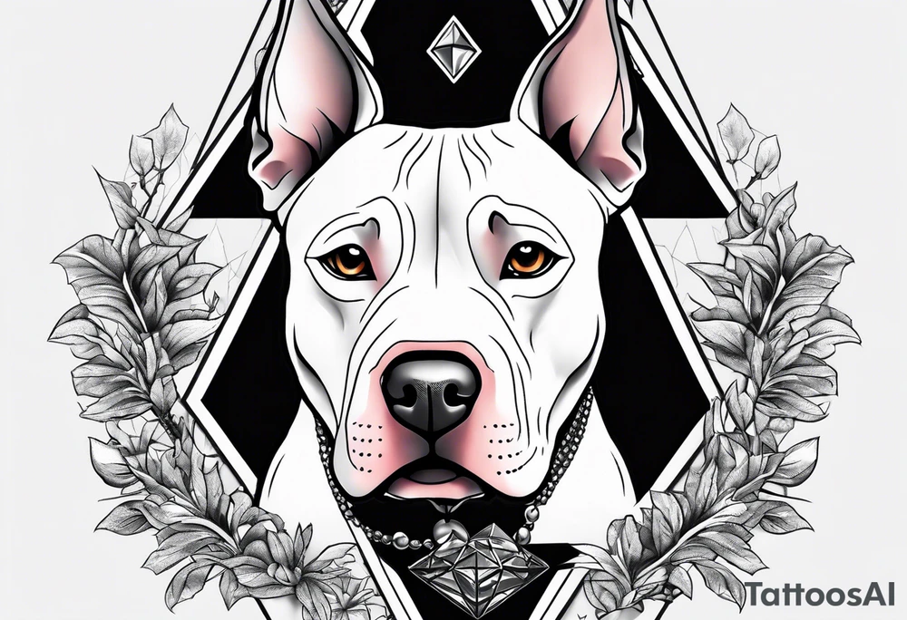 create a tattoo of a realistic pitbull dog in a diamond border. Add subtle trees around the background. tattoo idea