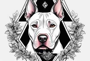 create a tattoo of a realistic pitbull dog in a diamond border. Add subtle trees around the background. tattoo idea