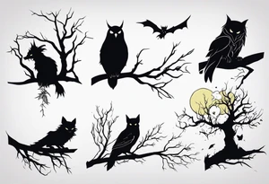 dark, undead creatures sitting on a branch of a tree tattoo idea