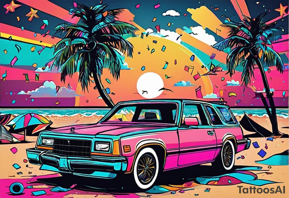 1980's style dance party with boom box and confetti in a beach theme. include people in 80's miami beach clothes, music note. Do not include cars tattoo idea