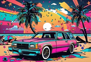 1980's style dance party with boom box and confetti in a beach theme. include people in 80's miami beach clothes, music note. Do not include cars tattoo idea