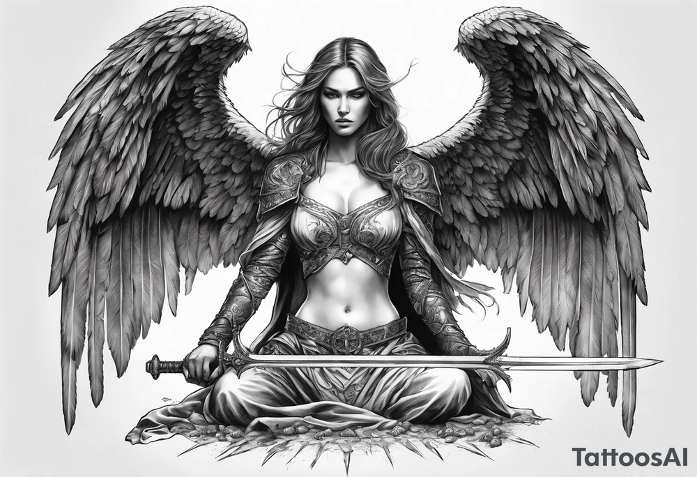 realistic angel of death, full body, without face, holding one sword in both hands, sword pointing downwards, skulls lying on the ground tattoo idea