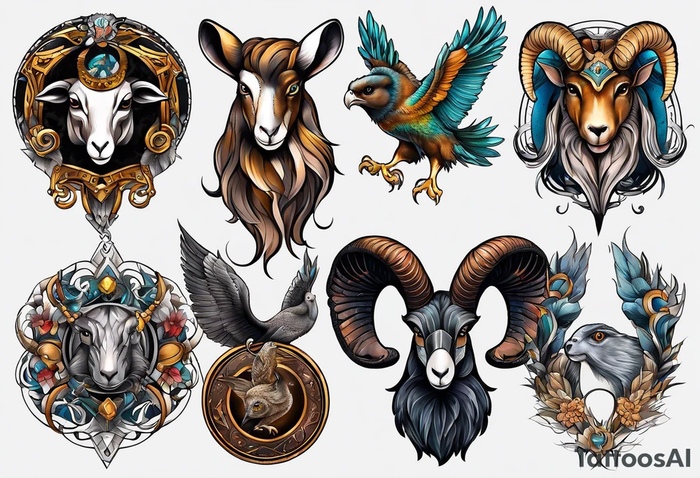 A tattoo with three animals 
a Aries Ram, A Peregrine Falcon and a Rat. in astrological design tattoo idea