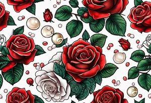 Red roses with pearls and scallop shells tattoo idea