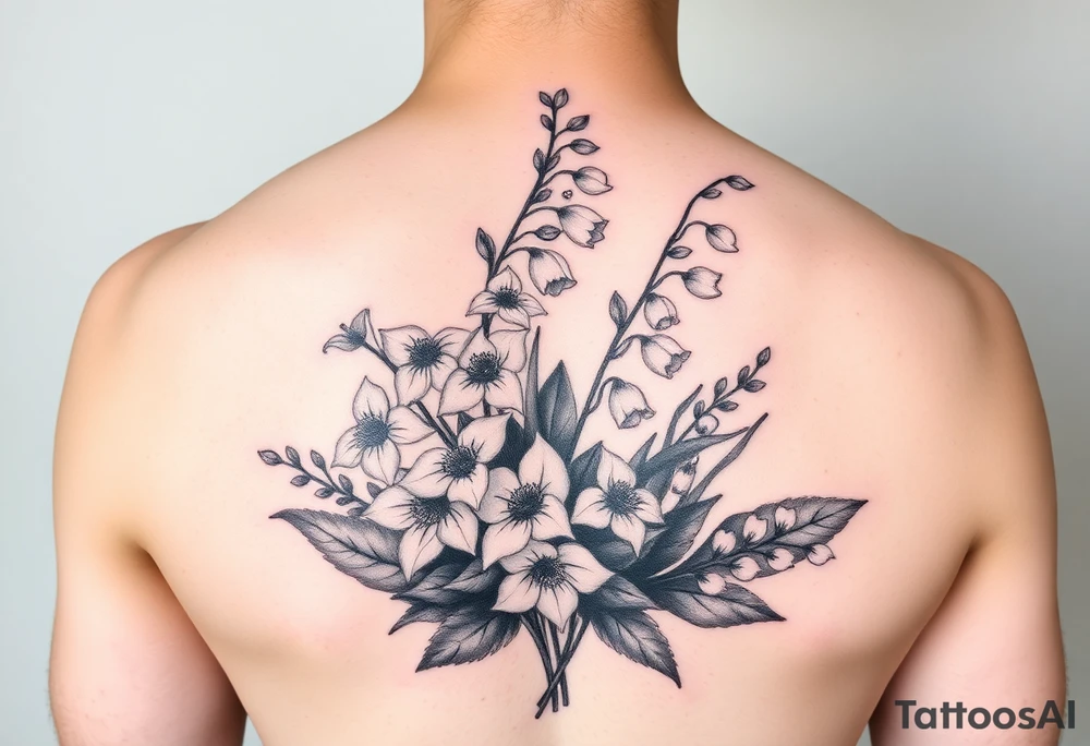 Larkspur and lily of the valley bouquet tattoo idea