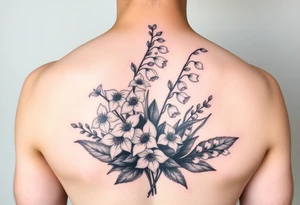 Larkspur and lily of the valley bouquet tattoo idea