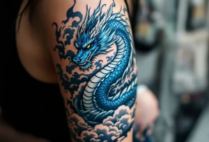 A blue dragon with silver scales winding through storm clouds, representing wisdom and power. tattoo idea