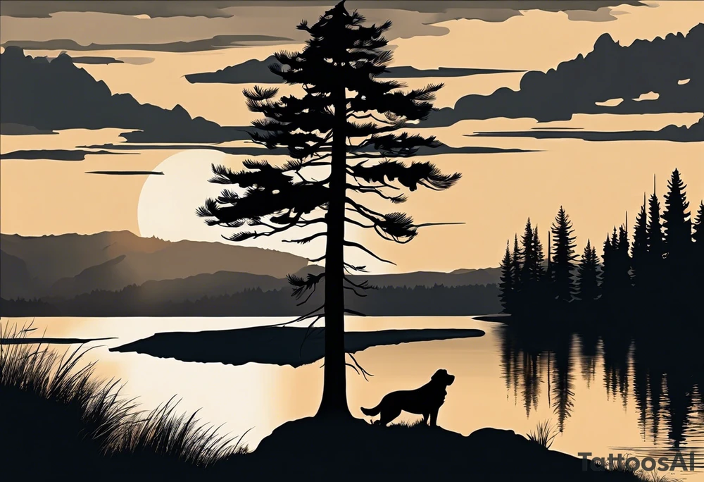 Sleeve tattoo windswept pine tree before lake with low hills on far side of lake. Mastiff silhouette in the foreground. with a dock coming out from the shore. Canadian shield. 
Include the words: "If the sun refused to shine
I would still be loving you
When mountains crumble to the sea
There will still be you and me" tattoo idea