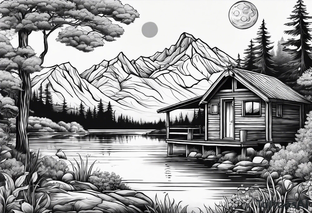 Hidden garden with lake and small cabin in woods with moon and mountains tattoo idea