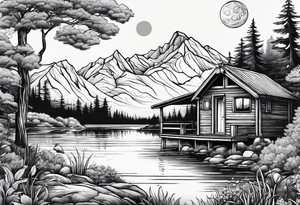 Hidden garden with lake and small cabin in woods with moon and mountains tattoo idea