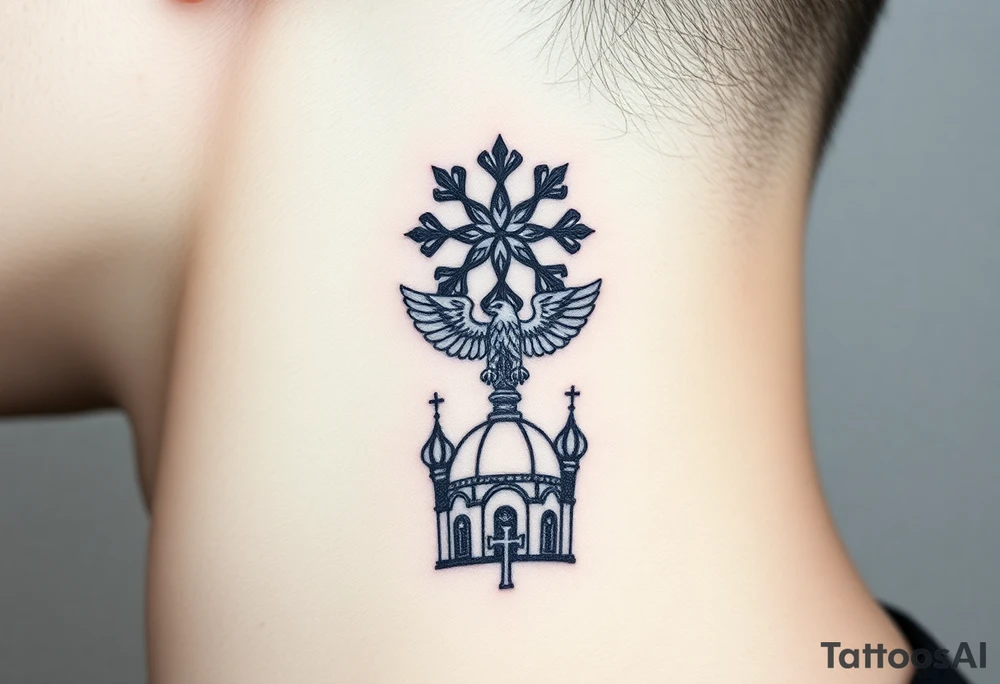 Miniature Echo
A smaller, refined version of your back composition stacked vertically:

Top: Small 8-pointed Russian star (Bethlehem star)
Middle: Tiny double-headed eagle (simplified, more linework style)
Bottom: Orthodox church dome with a cross tattoo idea