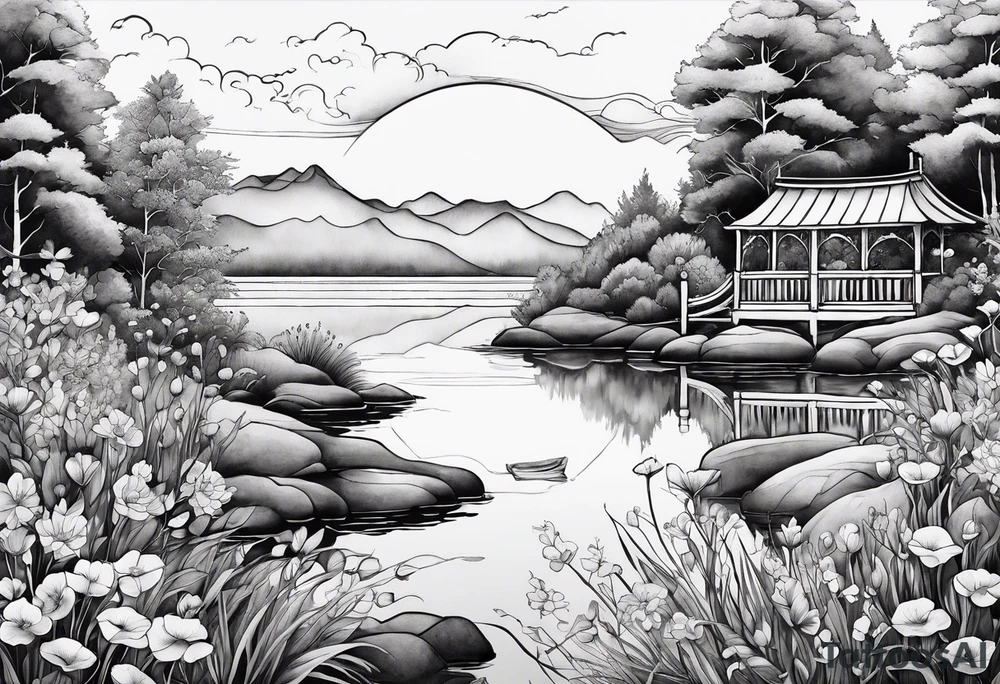 hidden garden, flowers, lake, secret landscape, beautiful tattoo idea