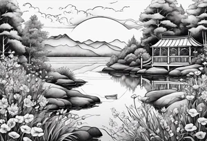 hidden garden, flowers, lake, secret landscape, beautiful tattoo idea