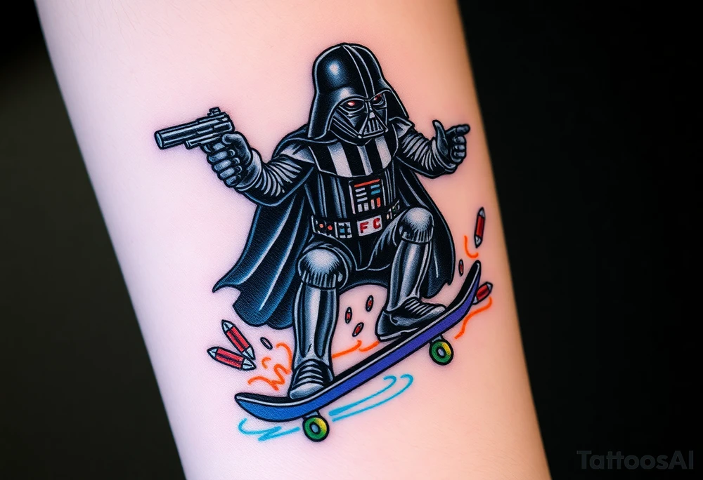 Darth Vader skateboarding with gun> bullets > memorial > god > colors > futuristic 
add name "Darth Carter" on skateboard
add date in loving memory 12/29/88-01/06/24 tattoo idea