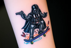 Darth Vader skateboarding with gun> bullets > memorial > god > colors > futuristic 
add name "Darth Carter" on skateboard
add date in loving memory 12/29/88-01/06/24 tattoo idea