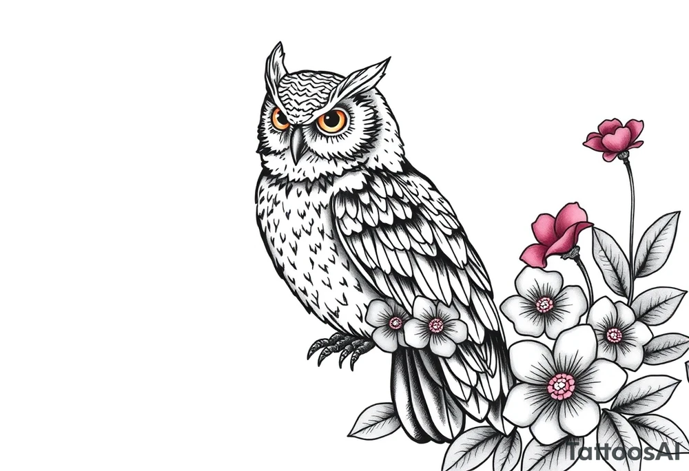 An owl outlined by forget me not flowers tattoo idea