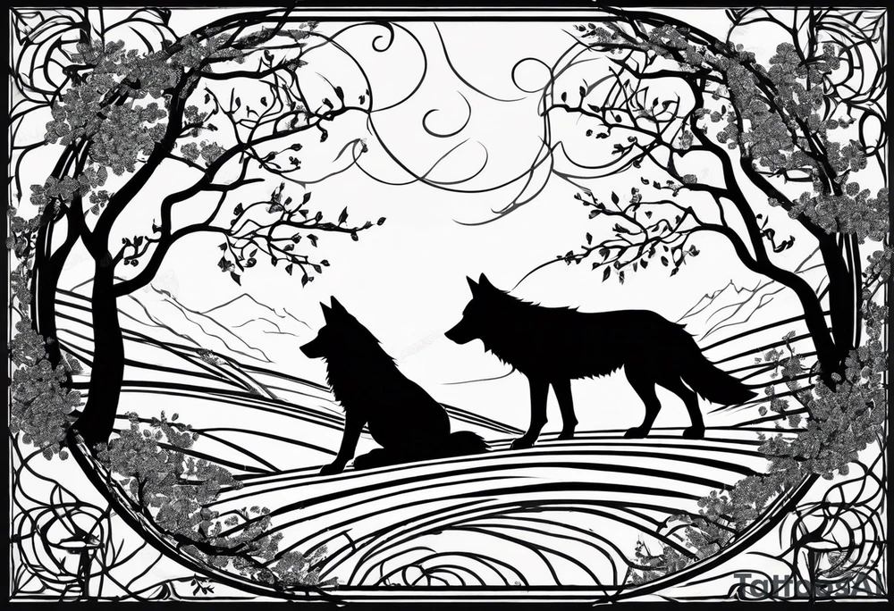 Two curved lines diverge, representing paths. Two wolves. One path is barren. The other path sprouts small leaves. Silhouette of a hunched wolf at the end of the barren path. Silhouette of a standing, open wolf at the end of the flowering path tattoo idea