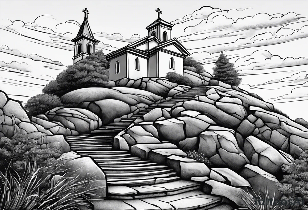 family of 4 walking up on stairs on the hill and on the top of the hill is church build in the rock tattoo idea