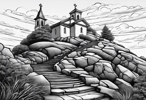 family of 4 walking up on stairs on the hill and on the top of the hill is church build in the rock tattoo idea