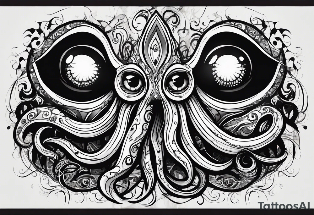 The equivalent of a horror and bizarre squid avatar. twisting and intersecting lines, making it look very wild and chaotic. The eyes of the squid are particularly prominent, one of them is white and the other is black, the overall expression is crazy and intense, with some distressed or damaged texture effects. tattoo idea