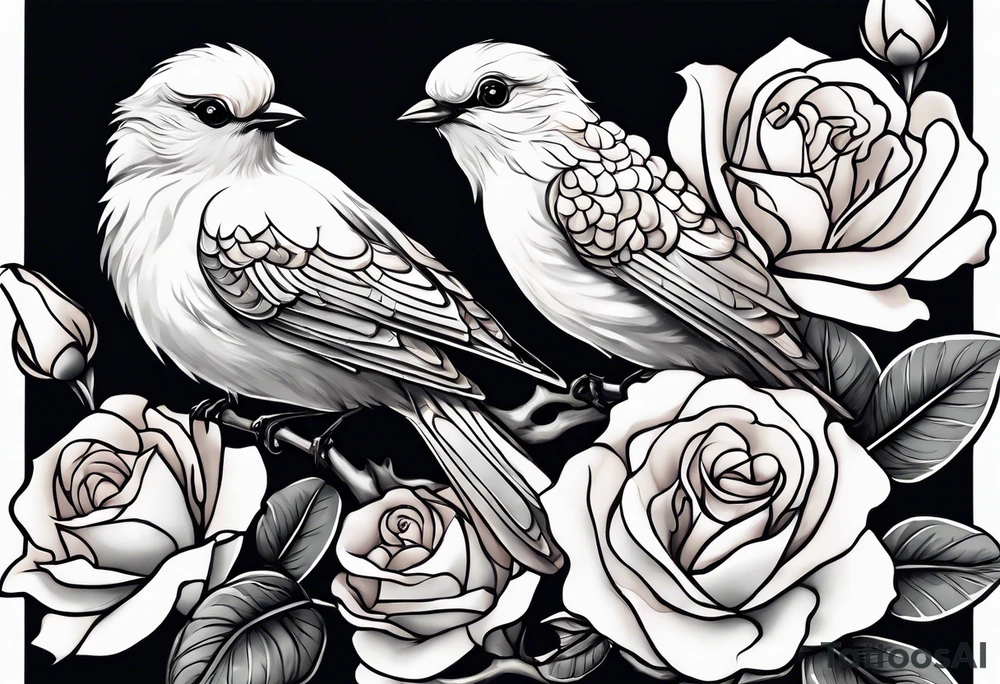 Two birds sitting on a stem of White roses, on bird is about to land next to them on the stem. tattoo idea