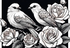 Two birds sitting on a stem of White roses, on bird is about to land next to them on the stem. tattoo idea