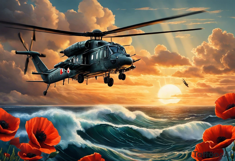 A cinematic-style tattoo depicting a Canadian military Cyclone helicopter performing a daring maneuver over a turbulent ocean. The sky should be filled with dramatic clouds, and the sun should be setting, casting long shadows. The helicopter should be the main focus, with intricate details and a sense of motion. In the background, a poppy should be prominently displayed, and a quote from 'Lest We Forget' should be included, black and white tattoo tattoo idea