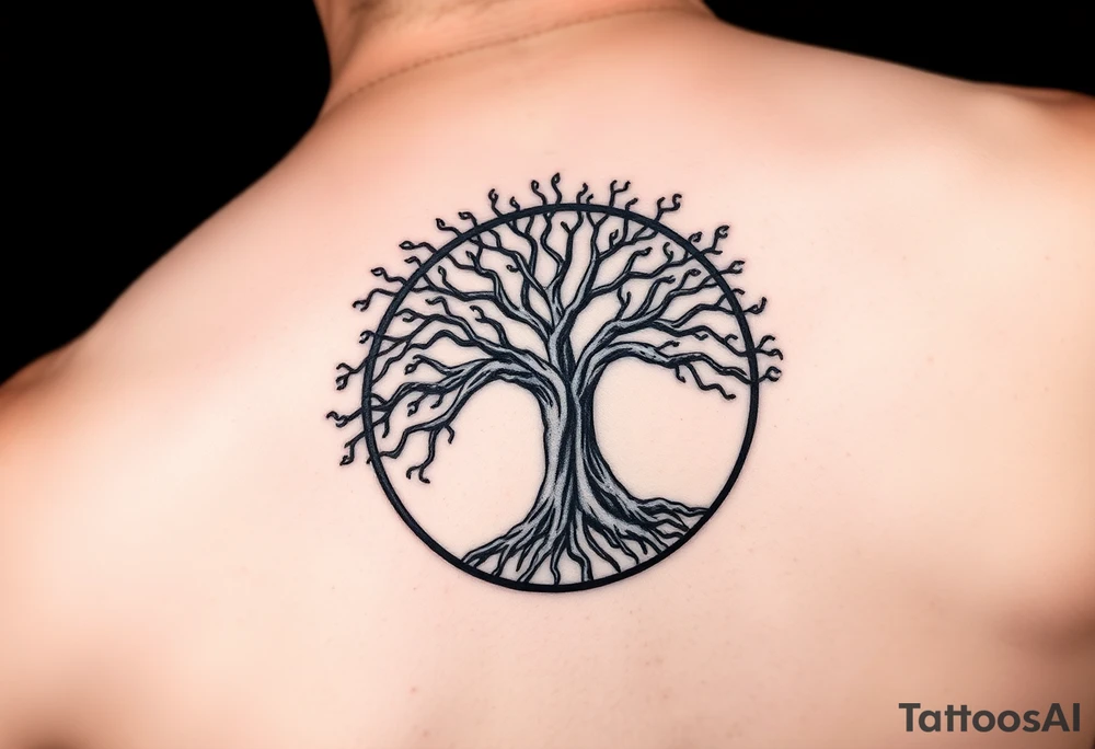 yggadrisl tree of life with circle. names Jai , Phoebe, Imogen, Matilda in the circle tattoo idea