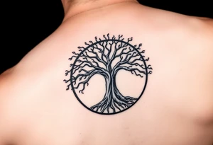 yggadrisl tree of life with circle. names Jai , Phoebe, Imogen, Matilda in the circle tattoo idea